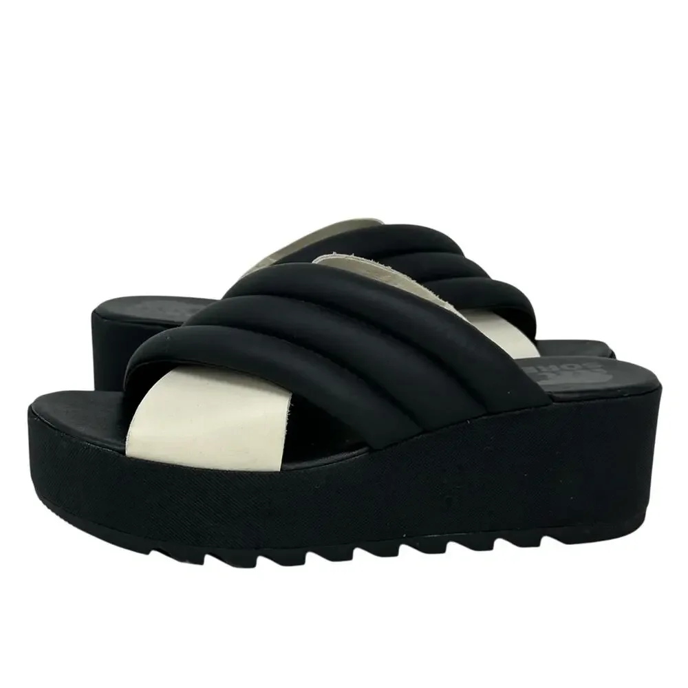 Sorel Cameron Flatform Puff Sandal Platform Slide  Black & White Leather